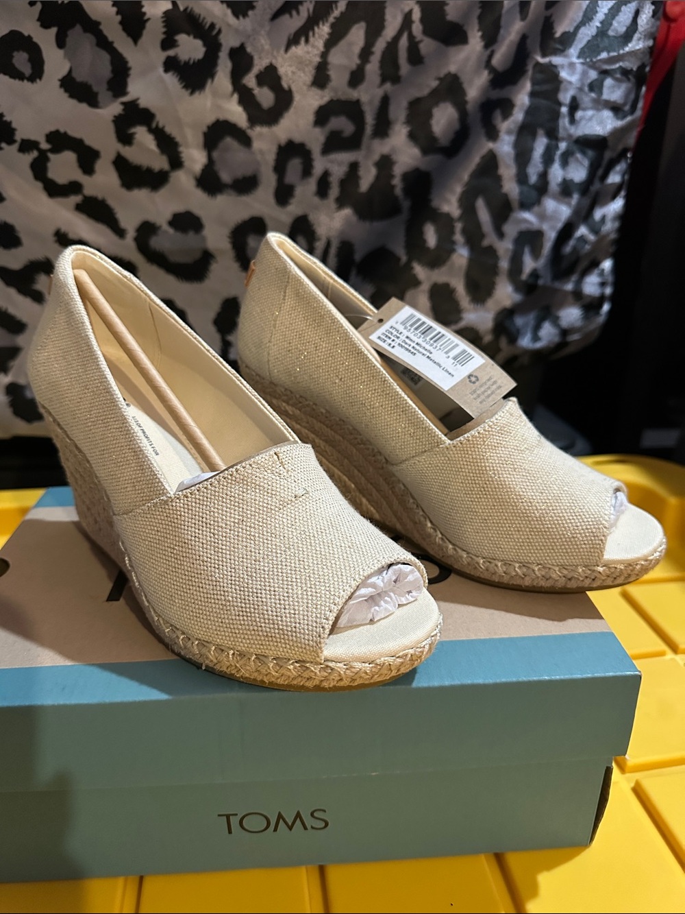 Toms Natural Canvas Espadrille Wedge Peep-Toe